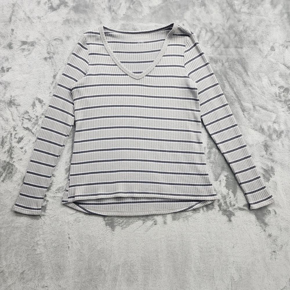 American Eagle‎ Top Womens S Gray Striped Soft Sexy Plush V-Neck Pullover Casual